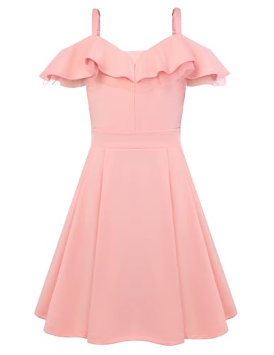 GRACE KARIN   Vestido de verano de línea A para niñas con tiras, cuello de doble volante, vestido de fiesta con hombros descubiertos, rosa, 12 años