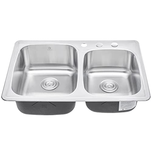 Cozyblock 33 X 22 X 9 Inch 60/40 Offset Top-Mount/Drop-In Stainless Steel Double Bowl Kitchen Sink With Strainer - 18 Gauge Stainless Steel-3 Faucet Hole #TOP3