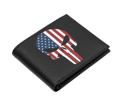 Printed Skull, American Flag print, The Punisher Skull, Theme Bifold Credit Card Cash Holder Wallet with Gift box for men3