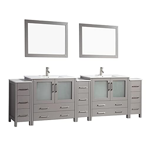 Vanity Art 108 Inch Under Mount Double Sink Bathroom Vanity Cabinet with 2 Mirrors, Ceramic Top Bathroom Cabinet Compact Set with 13 Dovetail Storage Drawers and Brushed Nickel Handles, VA3036-108-G
