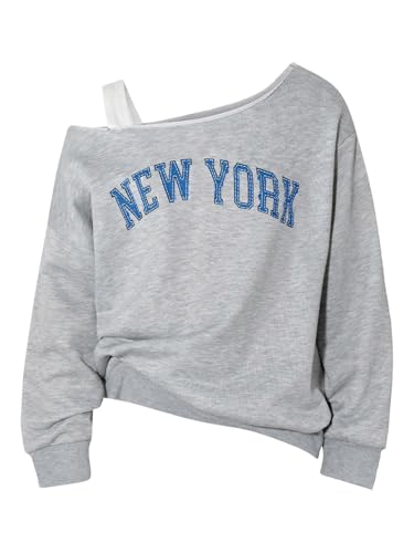 SHENHE Girl's Graphic Letter Print Off Shoulder Sweatshirt Asymmetrical Preppy Pullover Top