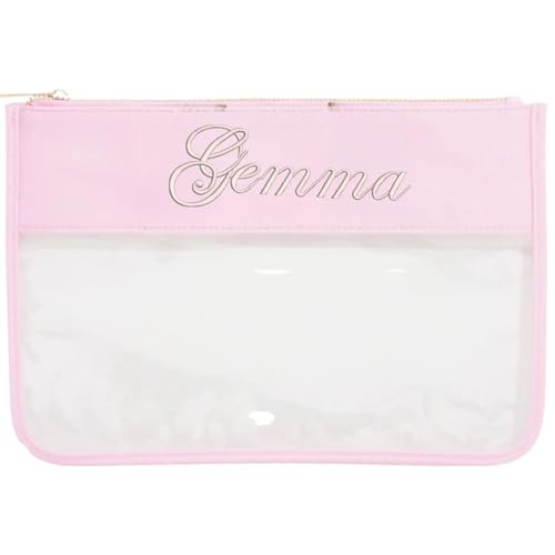 Threadart Personalized Light Pink and Clear Zipper Bag with Embroidery – Custom Name Cosmetic & Makeup Pouch – Waterproof PVC Travel Organizer for Toiletries – 11.5