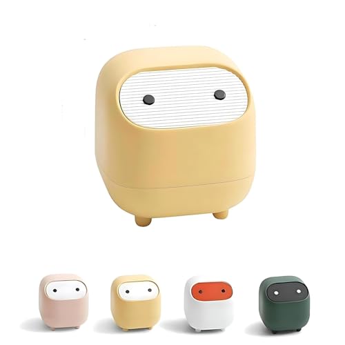 House of Quirk Mini Trash Can with Lid, Cute Ninja Desktop Dustbin, Small Plastic Garbage Can for Office Desk, Bathroom Vanity, Coffee Table & Home Use (Yellow)
