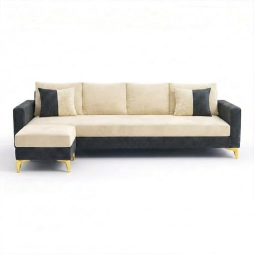 Image of Classiq Rich 5 Seater L Shape Sofa Set with Movable Ottoman | Flexible Layout | Spacious Soft Touch Seating | Designer Sofa for Living Room (Dark Grey-Cream)