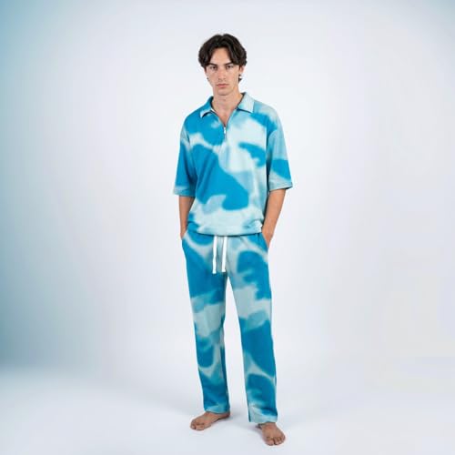 Image of Men's Tie-Dye 2-Piece Set, Short Sleeve Zip Polo Top and Drawstring Trousers, Blue and Pink, Casual Style