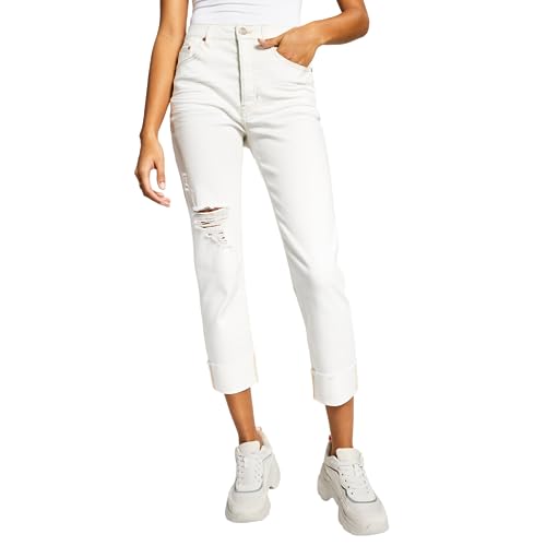 and Now This Women's High-Rise Vintage Straight Button Cuffed Jeans White 29