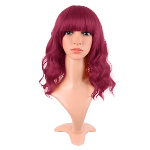 Image of MapofBeauty 14 Inch /35 cm Short Wavy Curly Women Fresh Bright Synthetic Ordinary Flat Bangs Bob Wig (Blood Red)