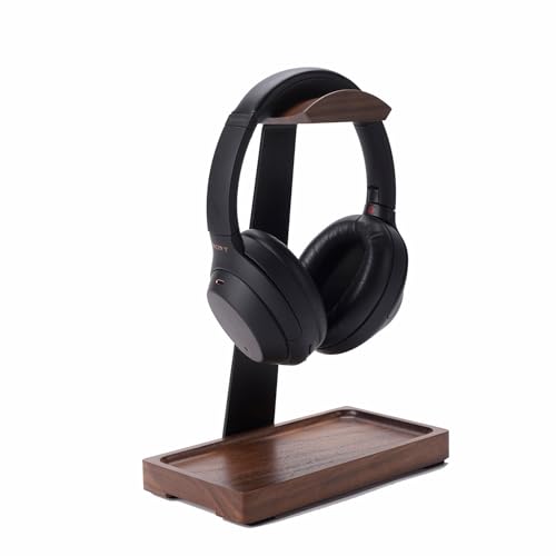 NIRVASH Walnut Headphone Stand, Wood Headset Stand for Desk, Wooden Universal Headphone Holder with Storage Base for Gaming, AirPods Max, Bose,Razer, Sennheiser (Black)