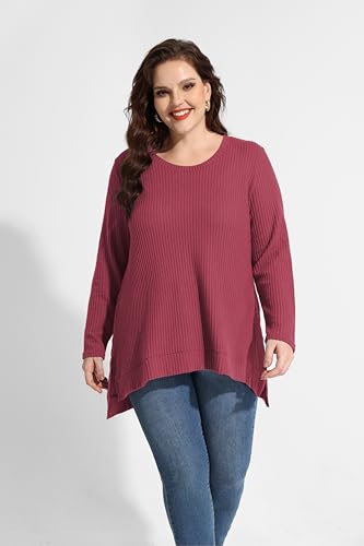 Image of RITERA Plus Size Women Sweaters Waffle Knit Pullover Top Long Sleeve Casual Crewneck Shirt Loose Split Hem Fall Winter Blouse