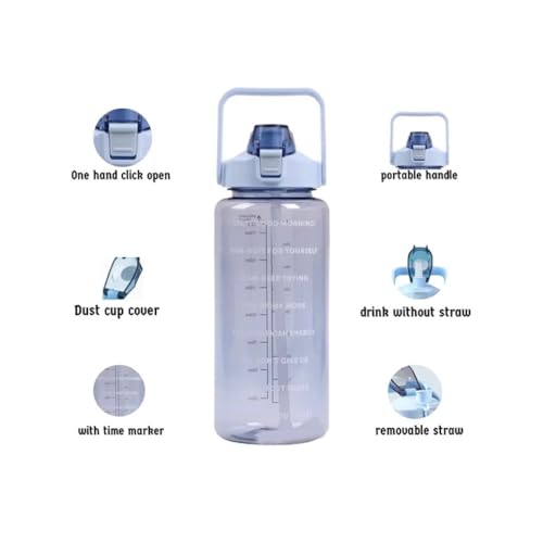 Image of 4Mura 2 L Capacity Belt Straw Transparent Motivational Water Bottles|Time Marker Leak Proof&Break-Proof|Best Usage For Office /School /Gym /Travel Bottle|Bpa-Free Fitness Sports Bottle (BLUE)