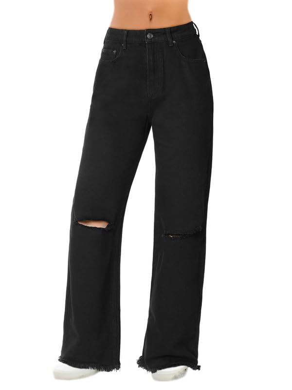 GenleckBlack Women Knee Ripped Jeans Wide Leg Baggy Y2K Straight Pants
