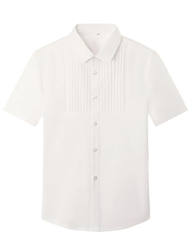Image of mintgreen Boys Tuxedo Shirts, Kids Button Down Cotton Formal Dress Short Sleeve Clothes, Ivory Half - Pleated, 7-8 Years, Tag 8