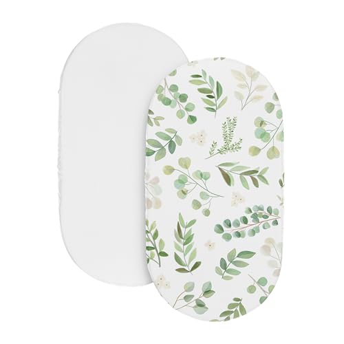 Image of Sweet Jojo Designs Boho Floral Leaf Boy Girl Unisex /Gender Neutral Baby Bassinet Sheets Fitted Sheet Set Infant Newborn Nursery Oval Rectangle Hourglass Mattress 2p White Green Bohemian Watercolor