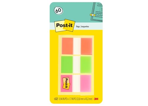 Post-it Flags, 60/On-The-Go Dispenser, 1 Dispenser/Pack, 1 in Wide, Orange, Lime, Pink (680-OLP)