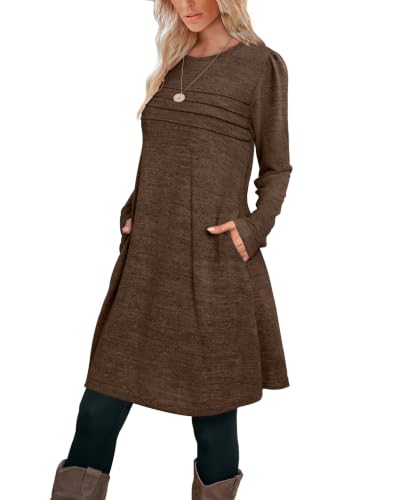 Image of OFEEFAN Womens Long Sleeve Tunic Dress Fall Fashion Sweater Dress with Pockets Pleated Front Casual Winter