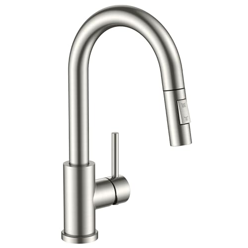 FORIOUS Bar Sink Faucet for Kitchen Sink Modern Single Handle Kitchen Faucet with Pull Down Sprayer Brushed Nickel Stainless Steel High Arc with Deck Plate for 1 or 3 Hole Suitable for Bathroom RV