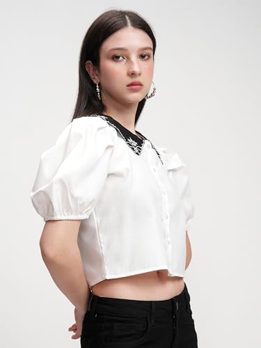 Image of Tokyo Talkies Women's Pointed Collar Puff Sleeves Casual Top | Stylish & Comfortable | Perfect for Everyday Wear | Tops for Woman | Women Tops | Stylish Top