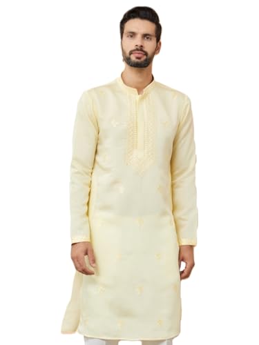 Image of See Designs Men's Long Sleeve Mandarin Collar Side Slit Off-White Embroidered Chanderi Silk Straight Kurta
