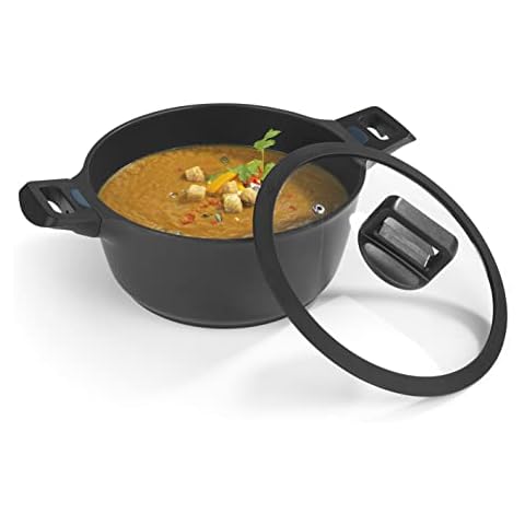 N8WERK Aluguss-Kochtopf in der Midnight Edition | 24 cm | Farbwechsel-Temperaturanzeige | Deckel mit Silikon-Umrandung Cover