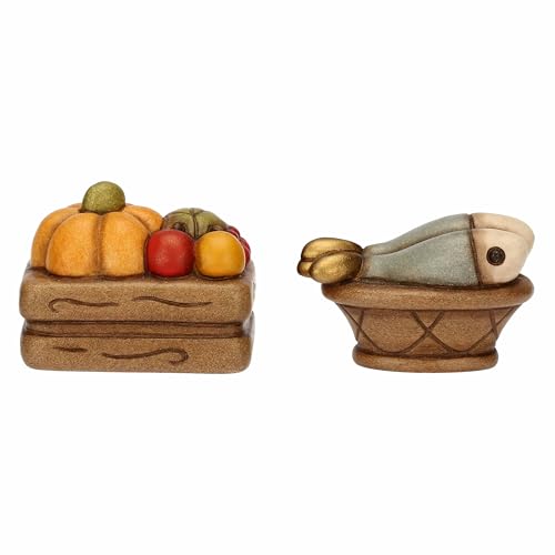 THUN - Set casseta frutta e cesto con pesce - ceramica - Collezione Presepe Classico - cassetta frutta 4x3,2x3 cm - cesta pesce 4x2,4x2,2 cm