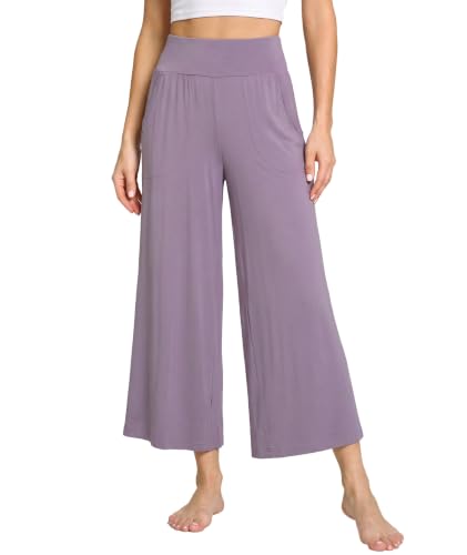Image of GYS Bamboo Viscose Wide Leg Gaucho Cropped Pants, High Waist Capris Cloud-Soft Pajama Pants with Pockets, Flowy Yoga Pants
