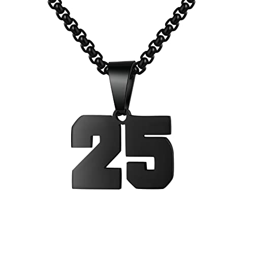 Susook Number Necklace for Boy Black Athletes Number Stainless Steel Chain 00-99 Number Charm Pendant Personalized Sports Jewelry for Men Basketball Baseball Football(25)