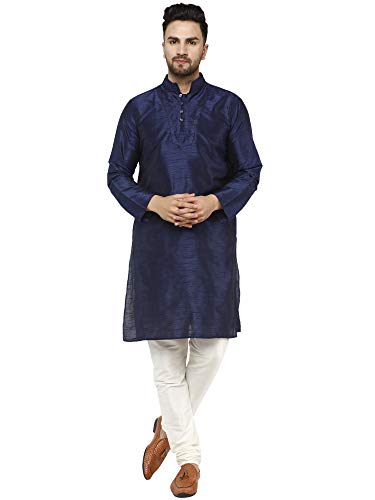 Image of SKAVIJ Men's Traditional Art Silk Kurta With Churidar Pyjama Regular Fit Ethnic Pajama Set Blue, XL
