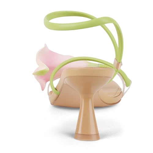 Image of LACIKOSZ Flower Kitten Heel Sandals for Women Calla Lily Green Heels Square Open Toe Floral Strappy Low Heel Sandals Summer Dressy Wedding Shoes