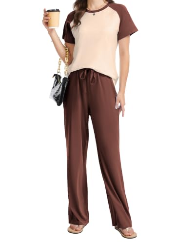 MFAVIP 2 Piece Sets for Women Summer Lounge Matching Set, Short Sleeve Top Wide Leg Pants with Pockets, Travel Airport Outfit — view 6