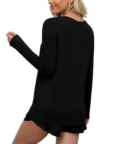 DB MOON Womens Long Sleeve Lounge Set 2 Piece Cute Short Pajamas Sets With Pockets Sleep Wear3