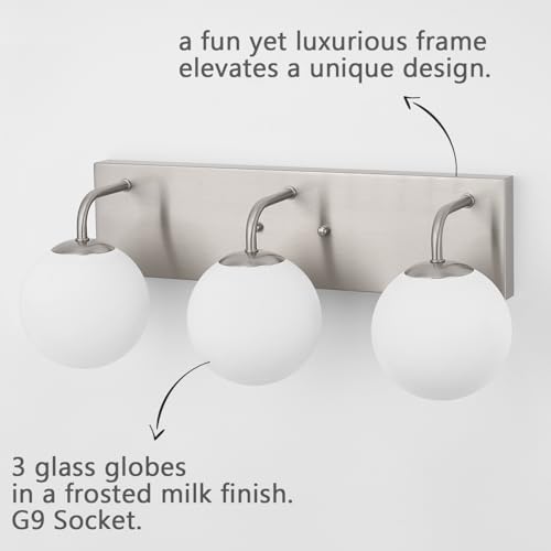 Image of Bathroom Light Fixtures, 3-Light Brushed Nickel Vanity Lights Bathroom Lighting Fixtures Over Mirror, Modern Wall Sconces Wall Lighting with Globe Frosted Milk Glass Shades