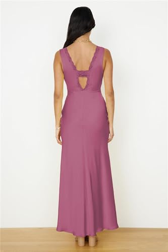 Image of BAGONE Summer Satin Lace V Neck Backless Formal Wedding Guest Maxi Dresses
