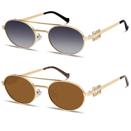 Image of Rmerom Retro Gold Metal Oval 90s Sunglasses for Women Small Chic Sunnies