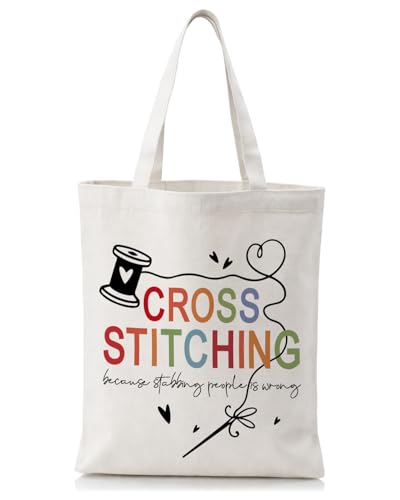 VRLSDTHF Cross Stitch Canvas Tote Bag Gifts for Women Embroidery Lovers Cross Stitching Reusable Grocery Shoulder Bag Embroidery Gifts Yarn Bags