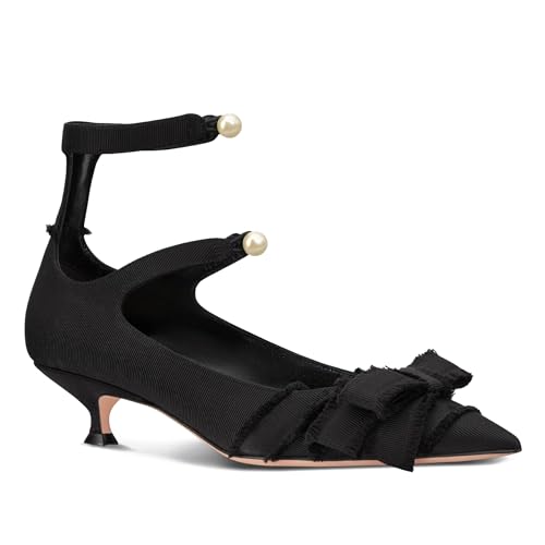 Kitten Heels for Women Pearl Stretch Strap Pumps Shoes Bow Pointed Closed Toe Low Heels Fashion Party Dress High Heels