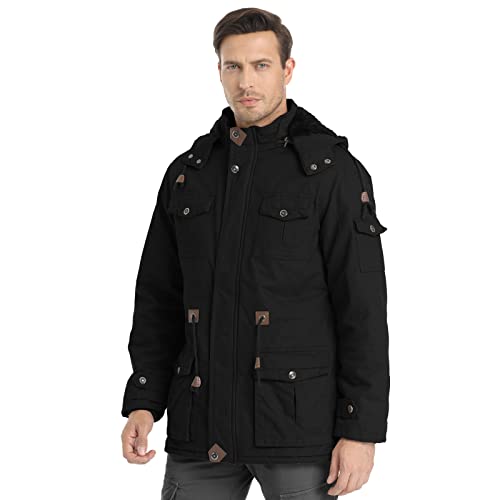 Men's Winter Jacket Military Jacket Fleece Lined Warm Cargo Jackets Removable Hood Cotton Work Coat2