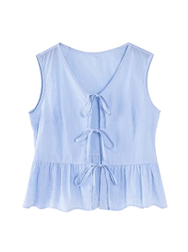 Avanova Women Striped Tie Front Peplum Tank Tops V Neck Sleeveless Ruffled Hem Blouses Blue Small
