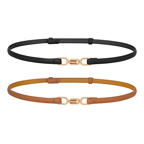 Women Leather Skinny Belt 2 Pack Adjustable Belts Ladies Thin Waist Belts for Dresses