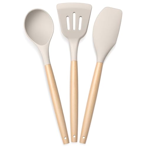 Image of PANCA Silicone Non Stick Spatula Set of 3 with Wooden Handle | Heat Resistant Cooking & Serving Spoon Set | Silicone Kitchen Tools for Cooking, Baking, Mixing (White)