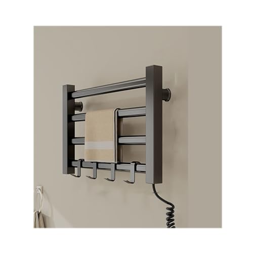 Toallero calefactable para baño, de Pared, pequeño, con Enchufe, ahorrador de energía, 4 Barras, Color Negro, Enchufe a la Derecha.
