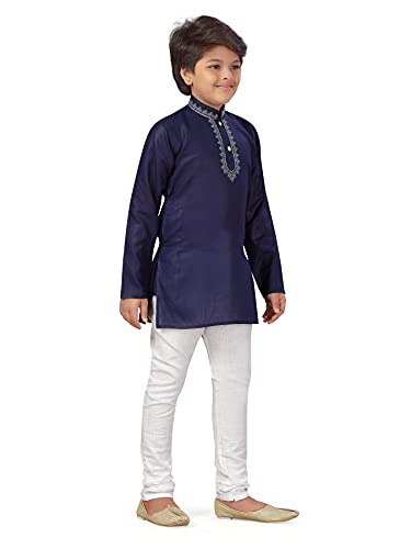 Image of AJ Dezines Kids Cotton Embroidered Navy Blue Kurta Pyjama for Boys (15-16 Years)