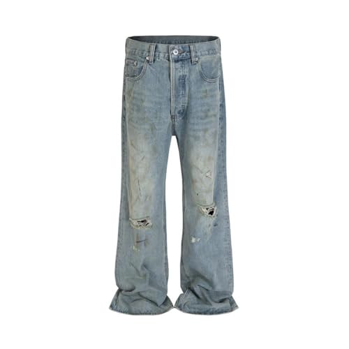 Men’s High-Waisted Blue Jeans, Y2K Streetwear Style, Wide Leg, Ripped Denim Pants for Fall2