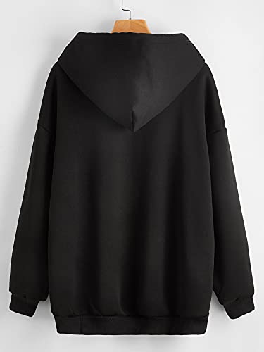 Shein Women's Oversized Long Sleeve Drawstring Drop Shoulder Zip Up Hoodie Sweatshirt Black M #TOP1