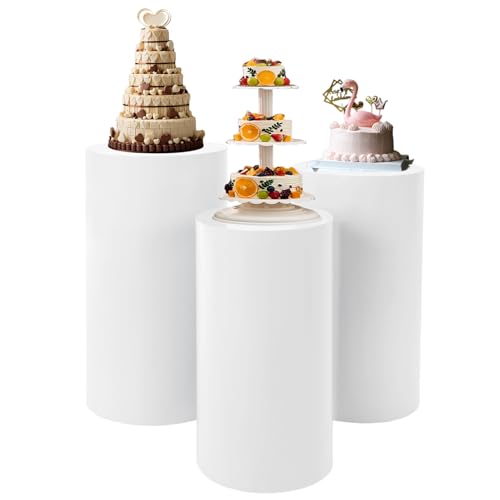 Moforchory Cylinder Stands for Party, Set of 3 White Pedestal Stand, Cilindros para Fiestas Redondos Blancos,Pedestal Display for Birthday, Weddings Decor 23.62