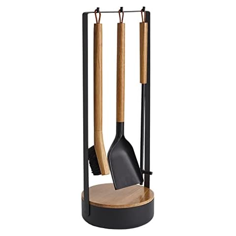 Morsø Adrian Kaminbesteck - hochwertige Designer-Kamingarnitur, 4-teiliges Kamin Set mit Schaufel, Besen und Feuerhaken & Ständer, schwarz/Holz natur Cover