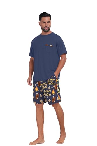 Image of Mens Pajamas Set Lightweight Summer Pjs Sleepwear Quick Dry Soft Comfy Short Sleeve Blue Choc Print With Pocket (S-4X)