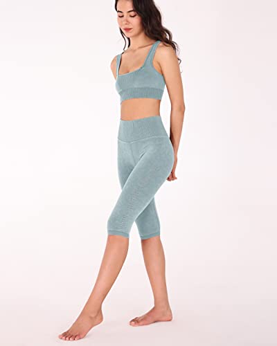 Ododos Seamless Capris For Women Knee Length Ribbed High Waist Gym Workout Athletic Casual Yoga Crop Leggings, Stone Washing Coastline, Medium/Large #TOP4