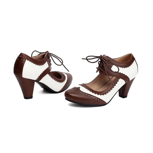 Elerhythm Women's Mary Jane Lace Up Closed Round Toe Vintage Heels 1950s Pumps 1920s Victorian 1940s Retro Shoes2