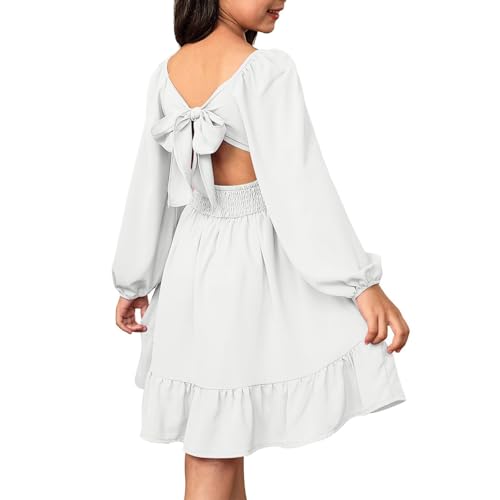 Mädchen Kleid Elegante Langarm Kleider Backless Retro Einfarbig Kinderkleider Puff A-Linie Elastisch Hohe Taille Prinzessin Kleid Teenager Rüschen...