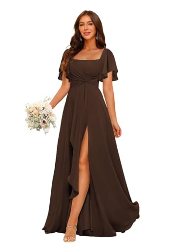 ZUMEIJIA Womens Short Sleeves Pleated Bridesmaid Dresses with Slit Brown Chiffon Ruched Prom Dress 2026 Backless US2
